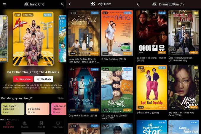 mobile streaming app ui showing a grid of movie posters on a dark theme with vietnamese titles and navigation bars at the top and bottom saltus left panel highlighting a featured title  apkroutecom